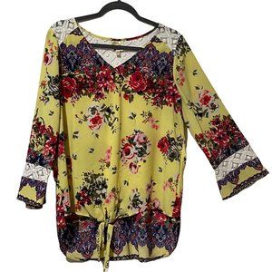 Fig & Flower women's size XL yellow floral tie hem lace inserts hi/low hem top
